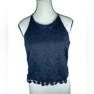 Sophie Rue black cropped boho lace scalloped hem tank top sz L back eyelet